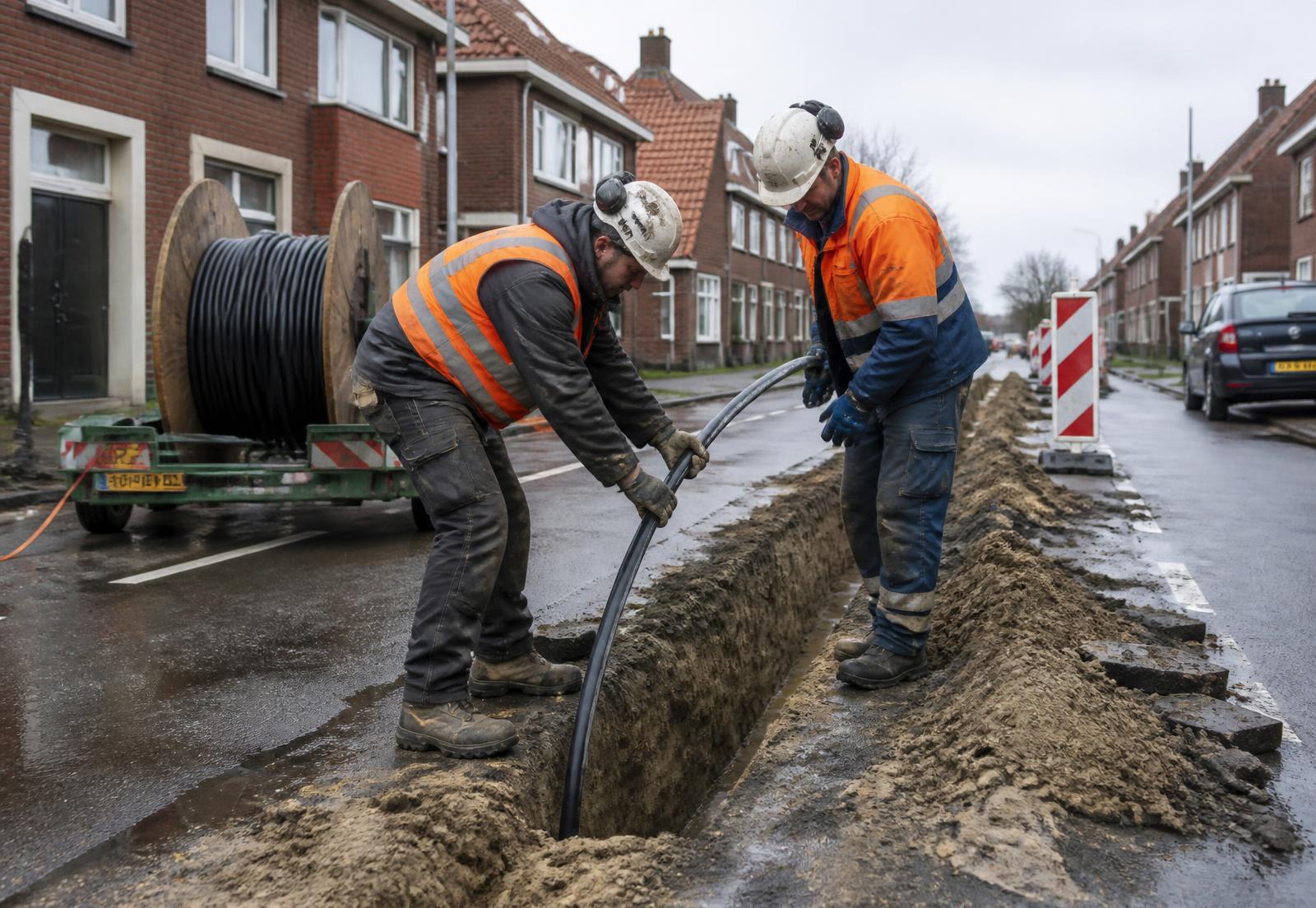 Monteurs van KOSS/KPSS leggen een stroomkabel in een open sleuf